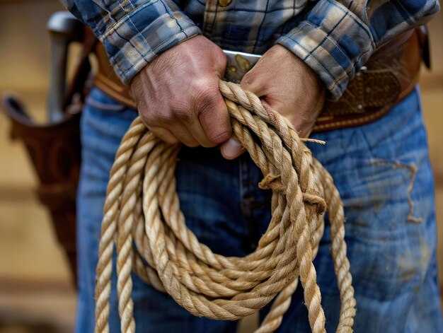 Photo expert cowboy demonstrates advanced rope tricks at western event learn the art of roping with this