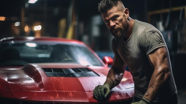 Photo expert detailer uses pressure washer on red sports car in cinematic luxury scene for detailing