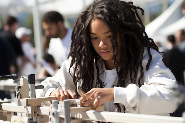 Expert female woodworker with passion and precision in a stateoftheart wood processing workshop