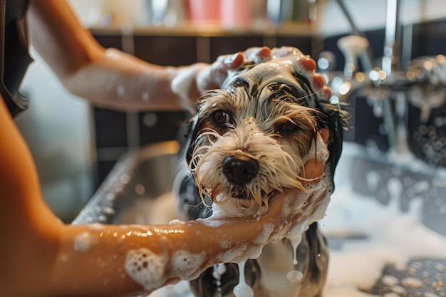 Expert Groomer Giving a Dog a Bath