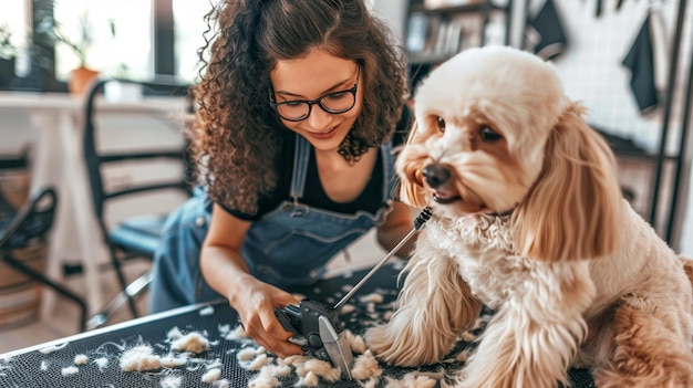 Photo expert groomer using electric clippers to trim dog s fur in a fully equipped grooming salon