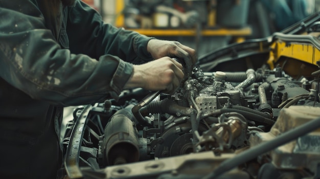 Expert hands of a mechanic work on a greasy engine in the heart of the machine shop