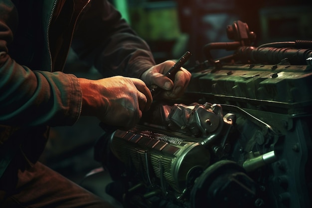 Expert Mechanic Skilled Hands Working on the Engine with Precision AI