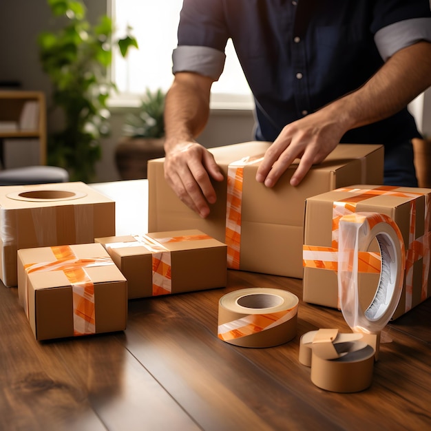 Expertly Packed Boxes Skillful Man Tapes on Table Efficient Storage Moving