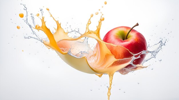 Exploding apples splashing juice on isolated white background