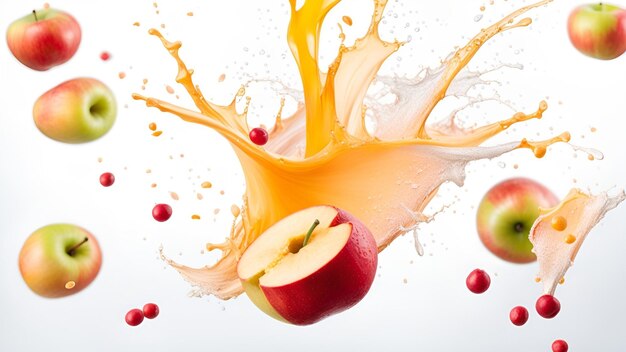 Exploding apples splashing juice on isolated white background