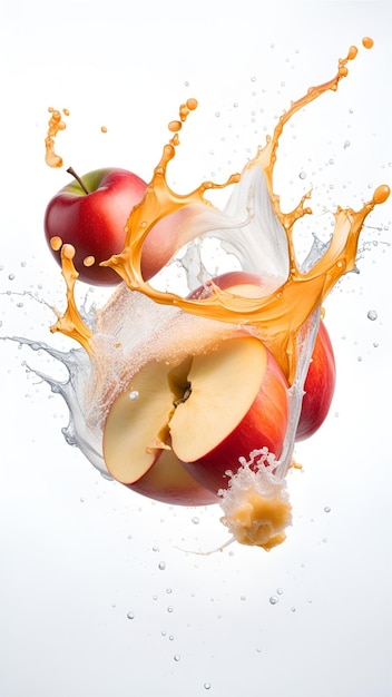 Exploding apples splashing juice on isolated white background