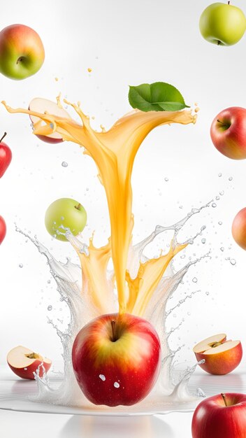 Exploding apples splashing juice on isolated white background