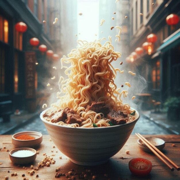 Photo exploding beef noodle soup bowl in midair with generative ai