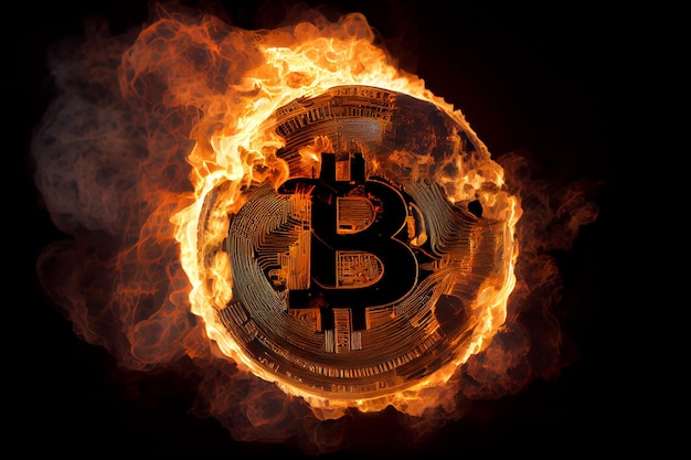 An exploding Bitcoin Symbol cryptocurrency fire