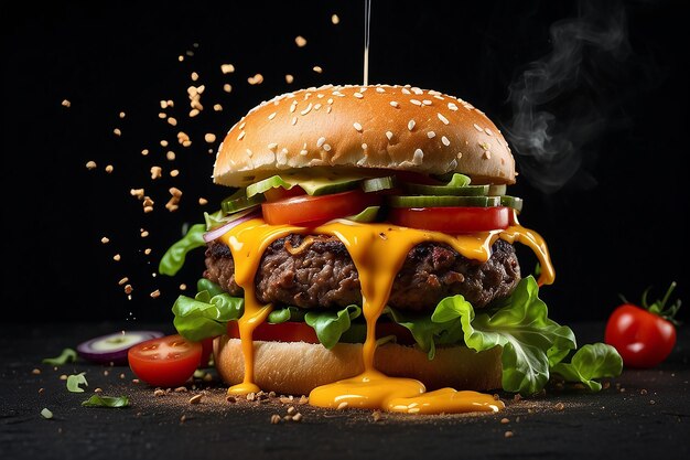 Exploding burger with vegetables and melted cheese on black background