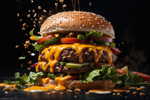 Exploding burger with vegetables and melted cheese on black background