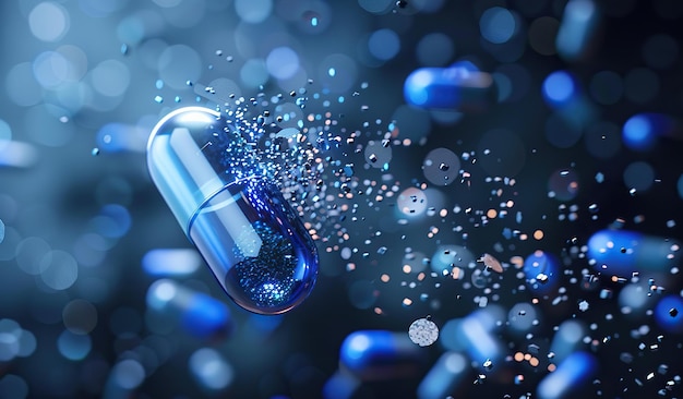 Exploding capsule with dynamic blue particles on dark background