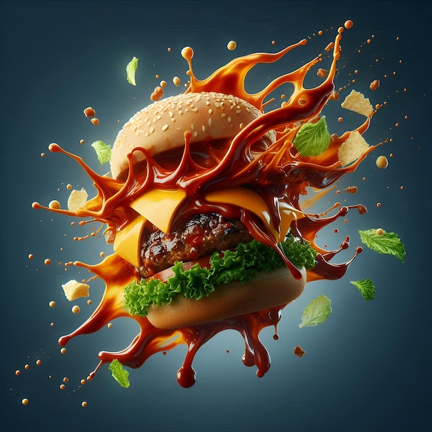 Photo exploding cheeseburger with dripping barbecue sauce and crispy lettuce