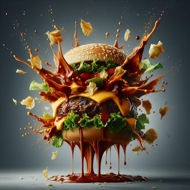 Photo exploding cheeseburger with dripping barbecue sauce and crispy lettuce