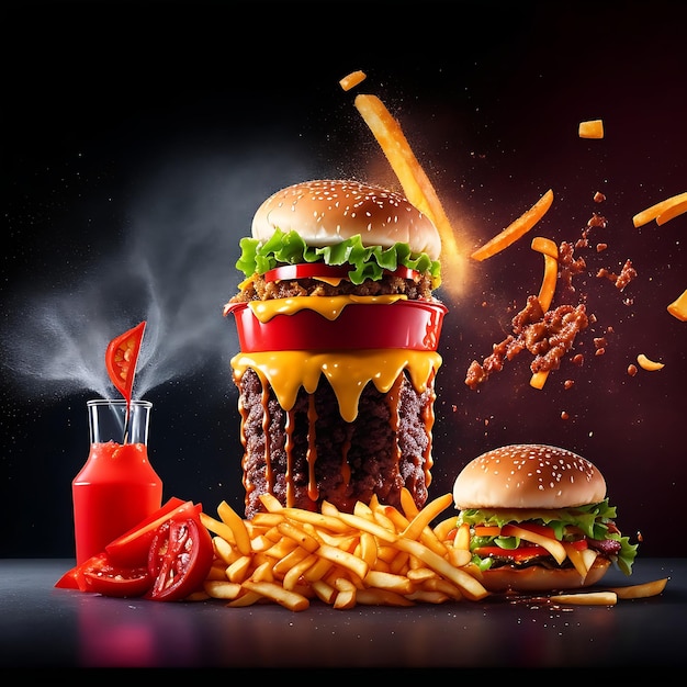 Exploding delicious burger with vegetables and melted cheese on black background generative ai