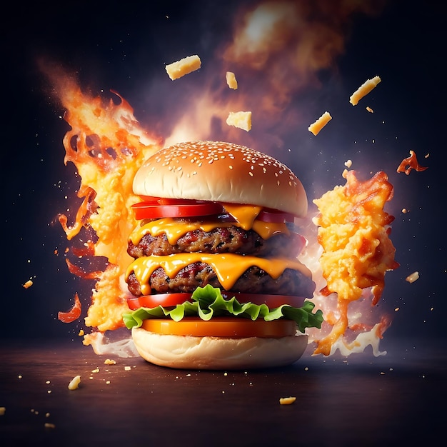 Exploding delicious burger with vegetables and melted cheese on black background generative ai