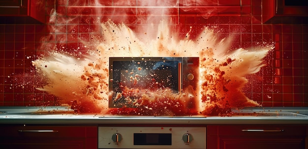 Photo exploding microwave with fiery burst in modern red kitchen