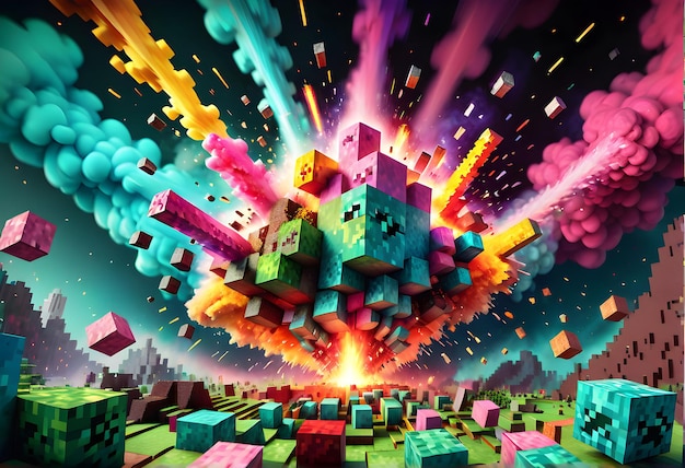 Exploding Minecraft colorful pyramid paint and splashes Minecraft colorful blocks