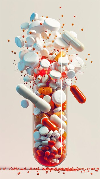 Exploding pill bottle with assorted medications