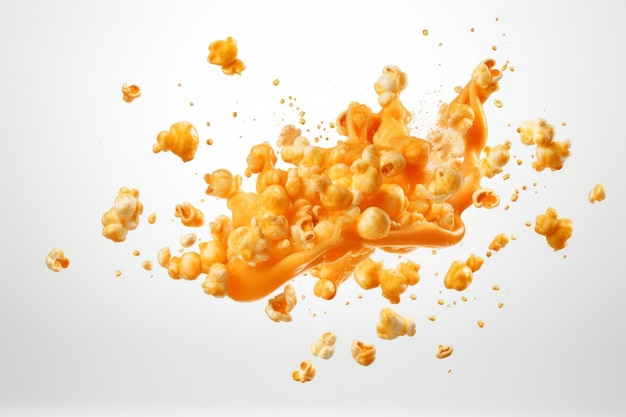 Photo exploding popcorn kernels covered in cheese sauce against a white background