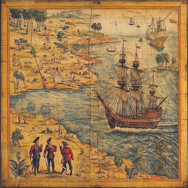 Photo the exploration and mapping of new lands during the age of discovery with explorers and ships