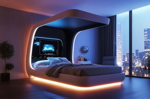 Photo explore the aesthetics of a modern bedroom featuring a smart bed for contemporary living