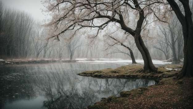 Explore the delicate balance between stillness and movement as snowflakes fall around a frozen pond