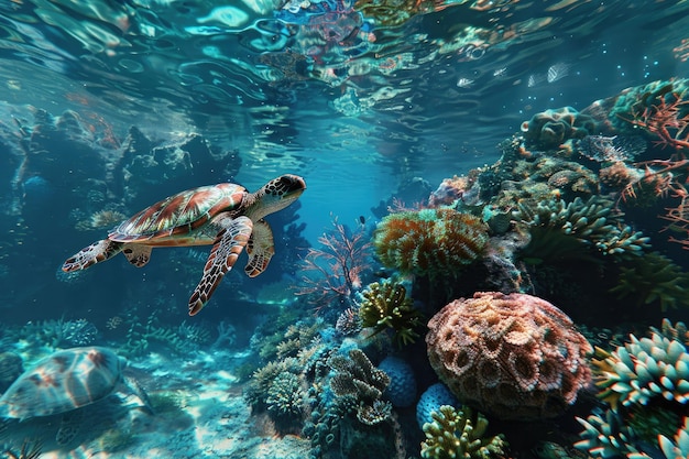 Explore the depths of the ocean with a 3D underwater floor image featuring corals and turtles