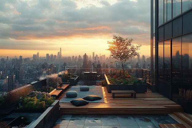 Photo explore the diverse uses and designs of rooftop spaces in urban environments