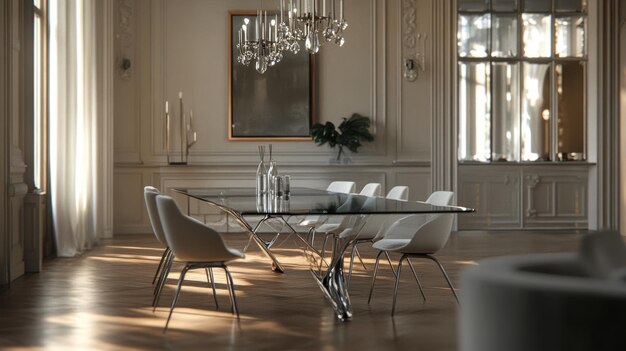 Explore the Elegance of a Chic Dining Room Featuring a Modern Glass Table for Stylish Gatherings