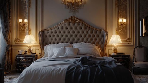 Photo explore the elegance of a luxurious bedroom featuring a velvet tufted headboard for sophisticated design inspiration