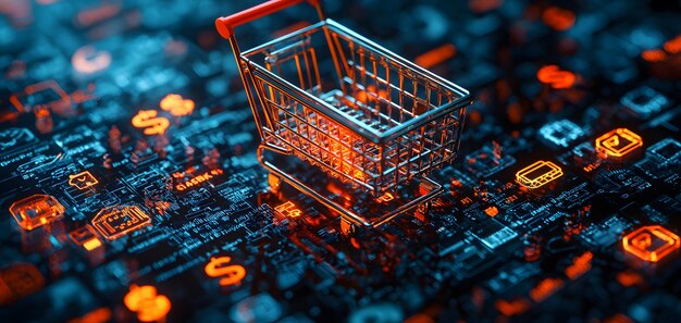 Photo explore the fusion of technology and commerce through a radiant shopping cart in digital marketplace