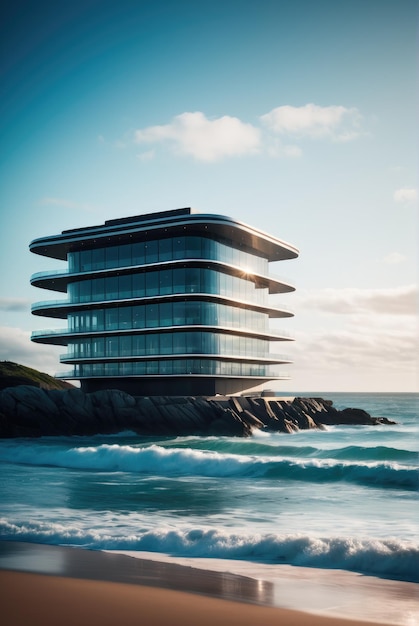 Explore the futuristic design of an oceanfront building with sleek architecture and cutting