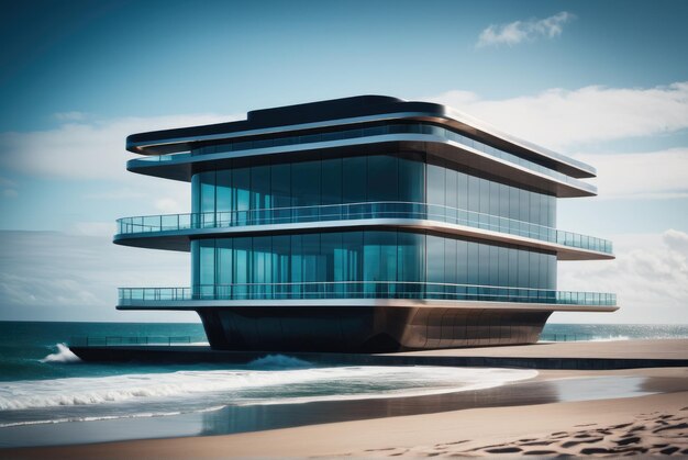 Explore the futuristic design of an oceanfront building with sleek architecture and cutting