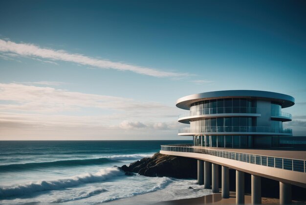 Explore the futuristic design of an oceanfront building with sleek architecture and cutting