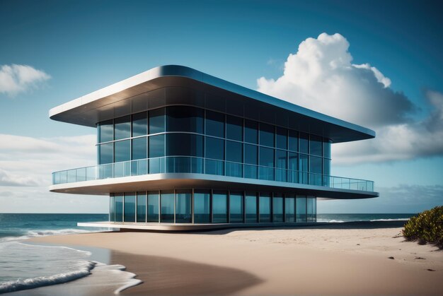 Explore the futuristic design of an oceanfront building with sleek architecture and cutting