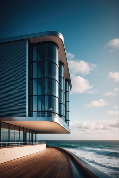 Explore the futuristic design of an oceanfront building with sleek architecture and cutting