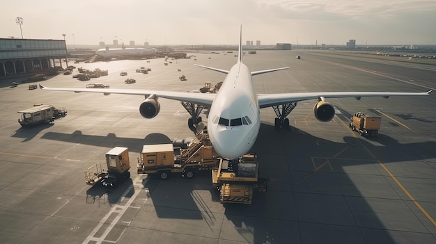 Explore the intricate process of loading and unloading a cargo plane through mesmerizing drone footage Generated by AI