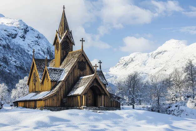 Explore the Majestic Beauty of an Ancient Wooden Stave Church Amidst Snowy Peaks and Serene Winter Landscape