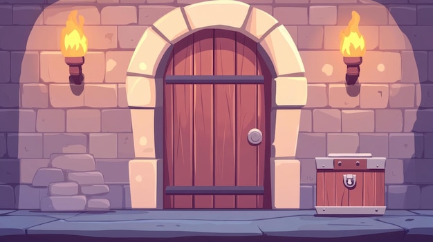 Explore a medieval wooden castle door with an ancient vibe featuring stone bricks