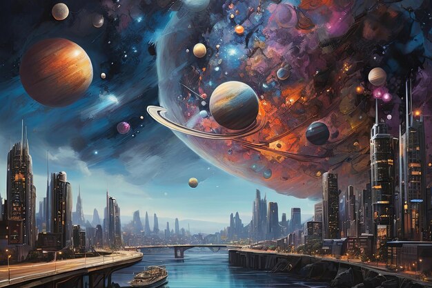 Explore a mesmerizing cityscape painting under a celestial night sky adorned with planets