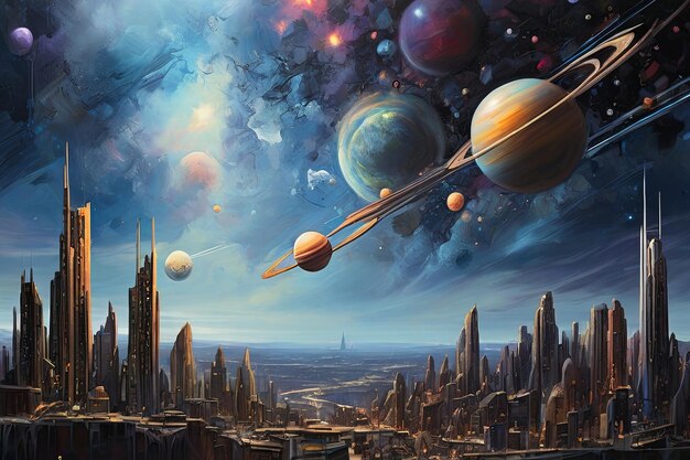 Explore a mesmerizing cityscape painting under a celestial night sky adorned with planets