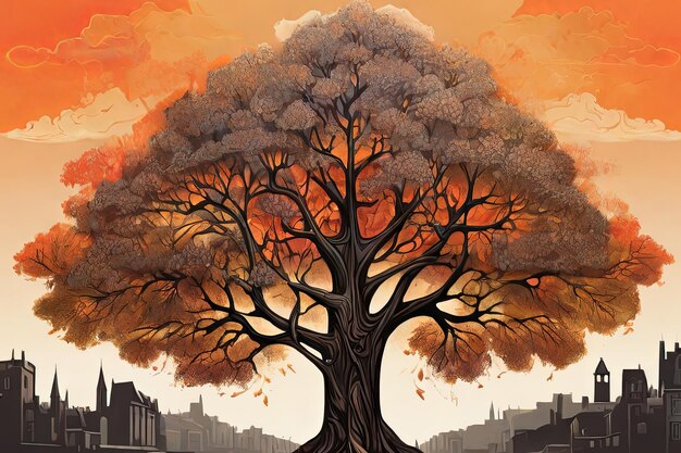 Explore the mysterious charm of a gothic town with a vividly colored tree