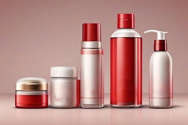 Explore realistic red toned mockup for cosmetic containers Jars tubes for creams tonic bottles