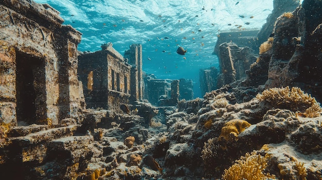 Explore a stunning underwater scene featuring ancient ruins and vibrant marine life in a captivating ocean environment