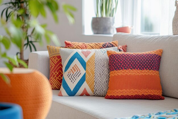 Explore the Tranquil Elegance of a Beige Interior Adorned with Colorful Geometric Patterns for Modern Living Spaces