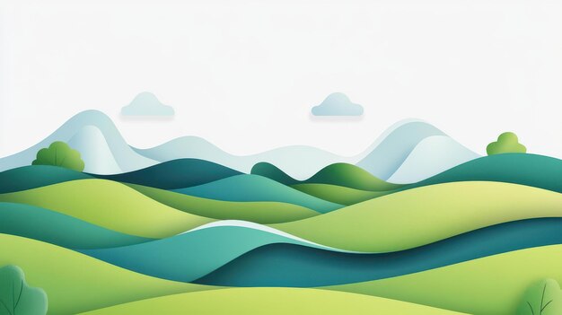 Explore vibrant abstract art showcasing green hills and mountains in a unique modern cartoon style