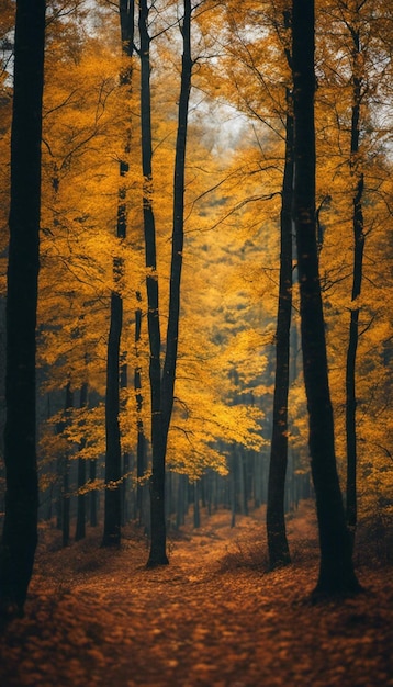 Explore the vibrant colors of autumn as the forest is adorned with a golden canopy of foliage The trees stand tall under the sunny sky creating a scene of natural beauty Ai generated content