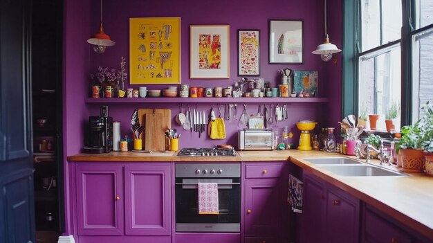 Explore the Whimsical Charm of a Playful Purple Kitchen Adorned with Quirky Artwork and Unique Decor